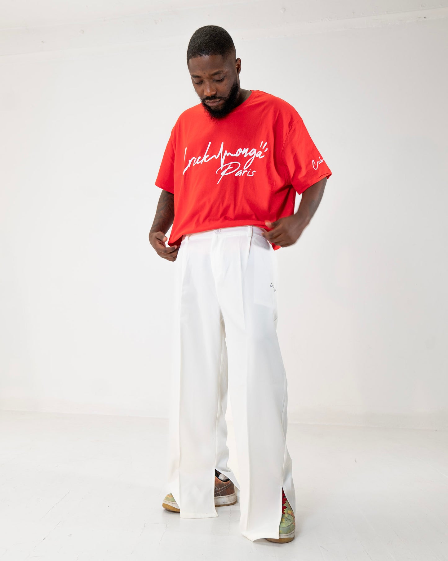 PANTALON HAUTE COUTURE EN POLYESTER IMPRIMÉ LOGO CREKMONGA PARIS