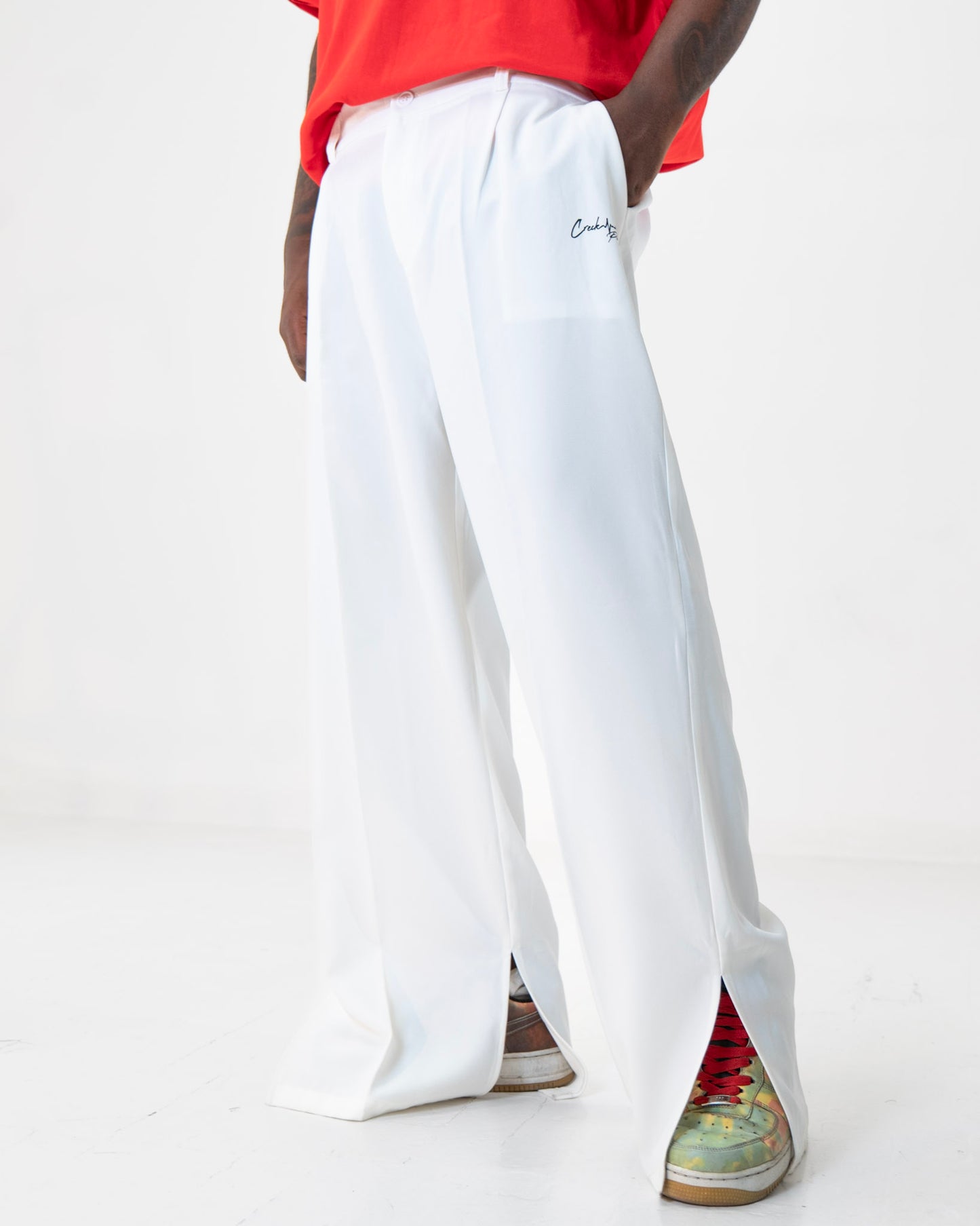 PANTALON HAUTE COUTURE EN POLYESTER IMPRIMÉ LOGO CREKMONGA PARIS