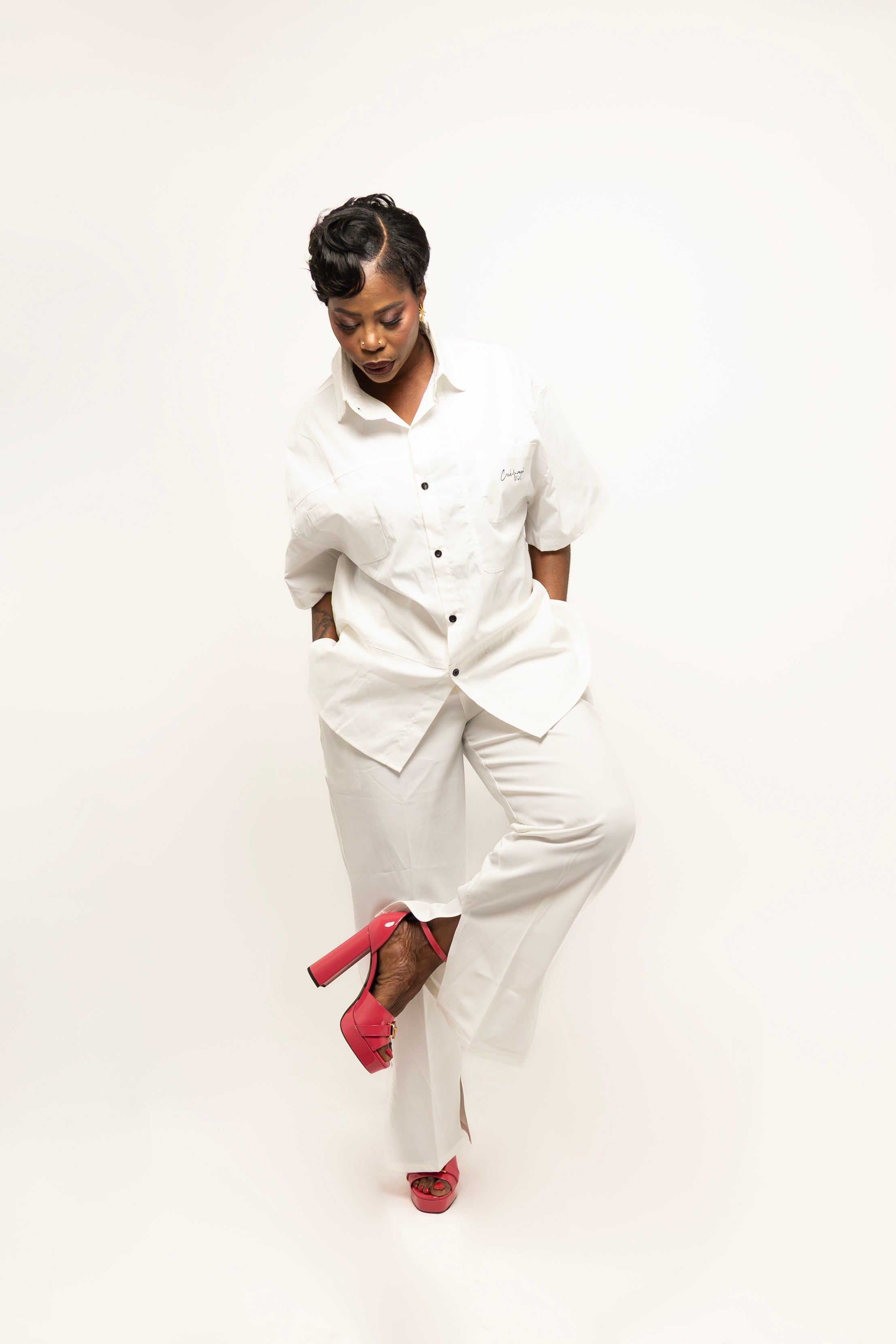 PANTALONI COUTURE IN POLIESTERE STAMPATO LOGO CREKMONGA PARIS
