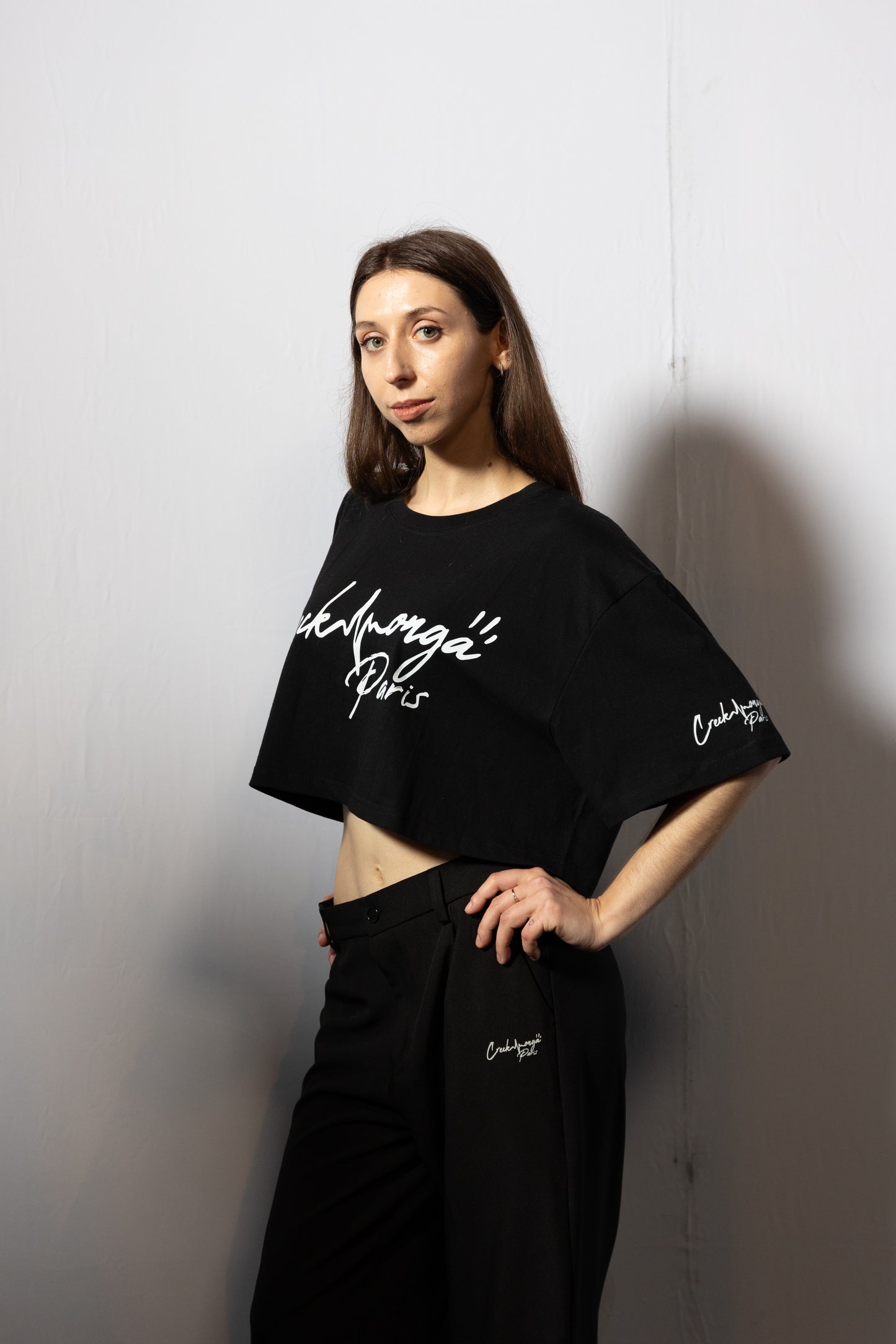 PANTALON HAUTE COUTURE EN POLYESTER IMPRIMÉ LOGO CREKMONGA PARIS