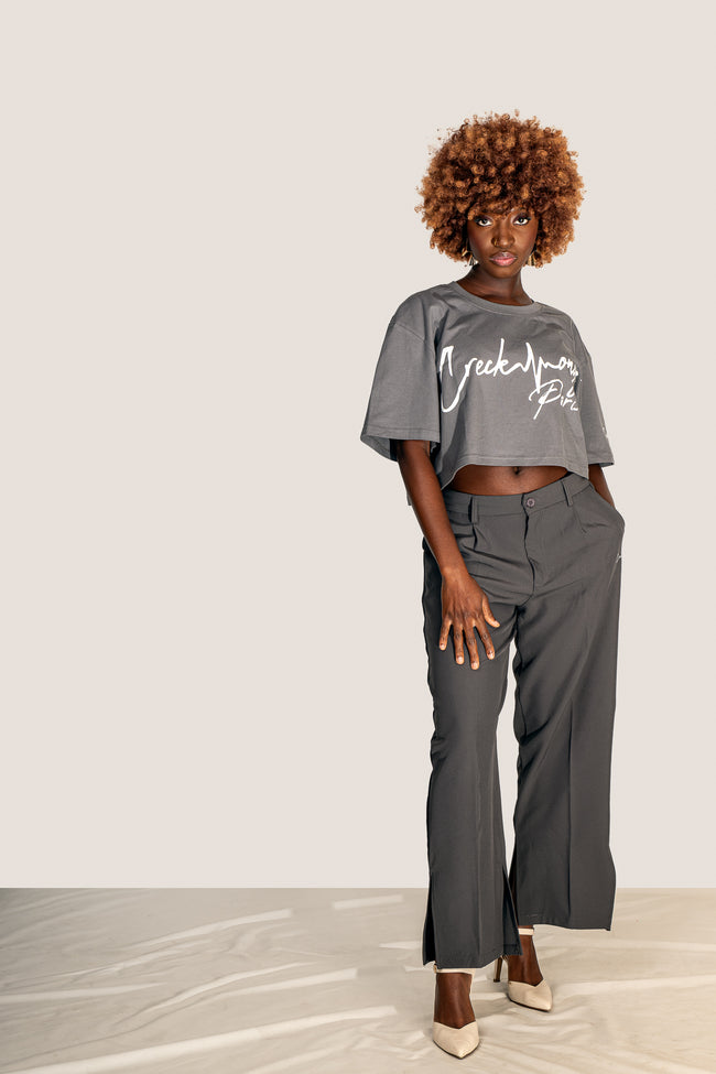 PANTALON HAUTE COUTURE EN POLYESTER IMPRIMÉ LOGO CREKMONGA PARIS, DEUX FENTES