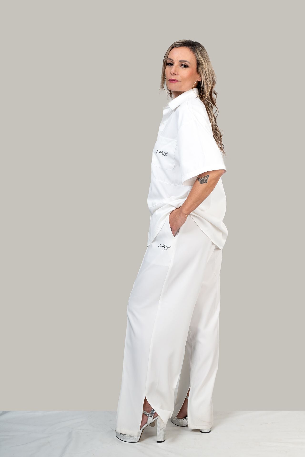 PANTALON HAUTE COUTURE EN POLYESTER IMPRIMÉ LOGO CREKMONGA PARIS