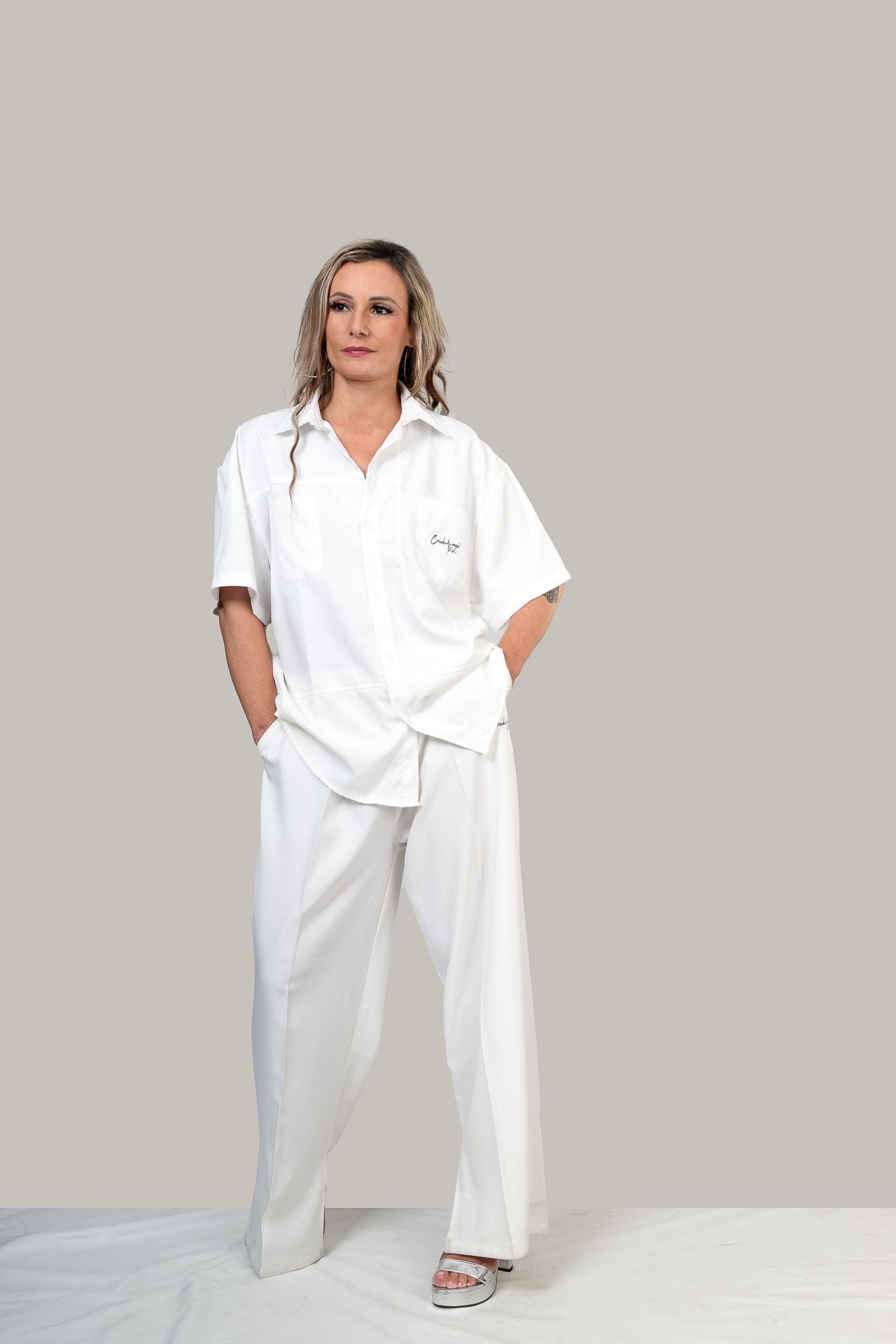 PANTALONI COUTURE IN POLIESTERE STAMPATO LOGO CREKMONGA PARIS