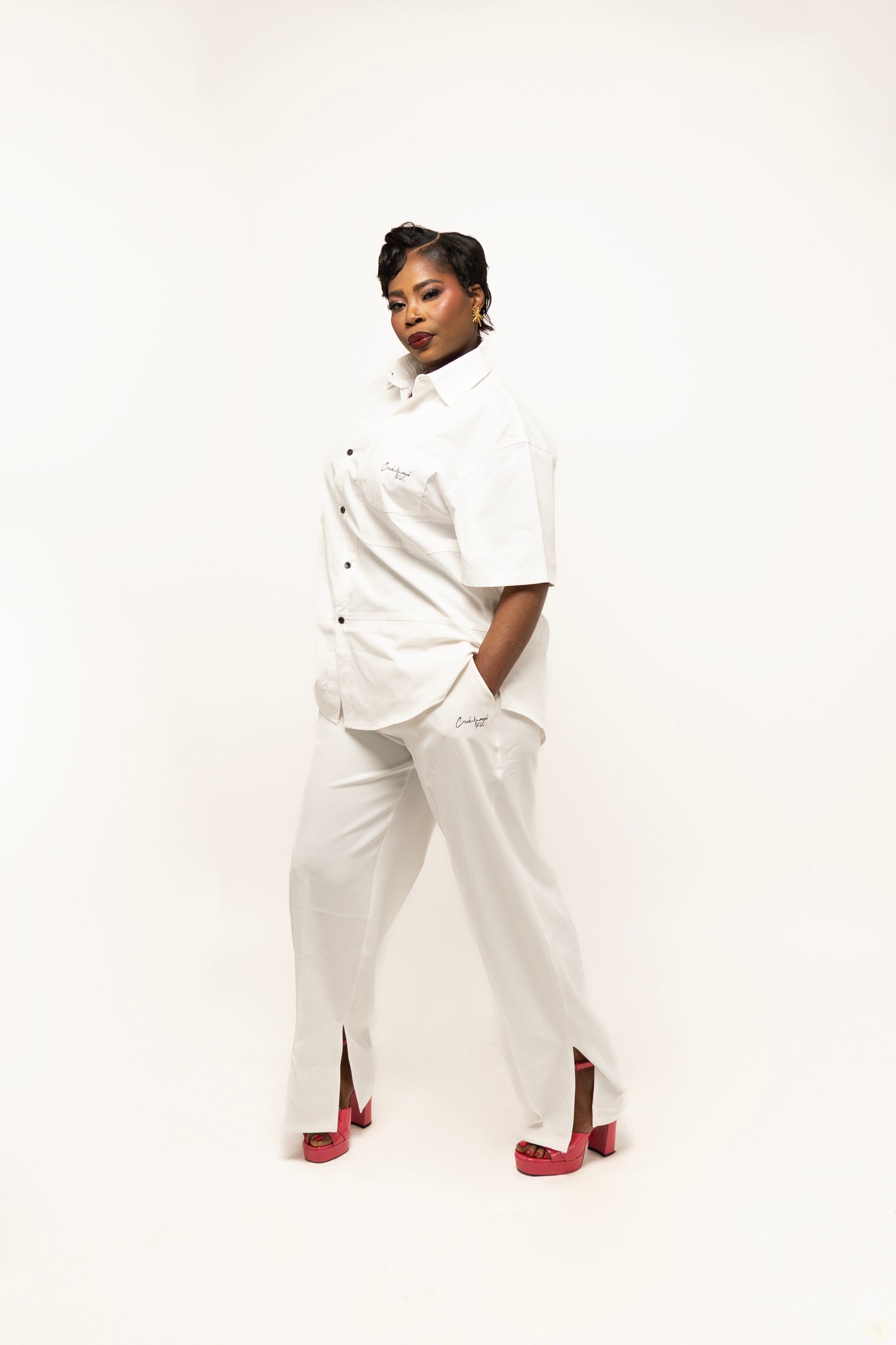 PANTALONI COUTURE IN POLIESTERE STAMPATO LOGO CREKMONGA PARIS