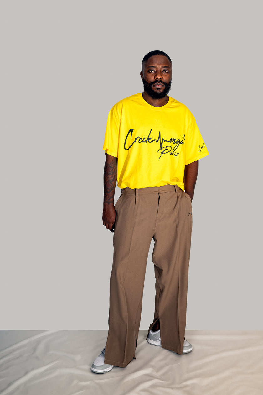 PANTALON HAUTE COUTURE EN POLYESTER IMPRIMÉ LOGO CREKMONGA PARIS, DEUX FENTES