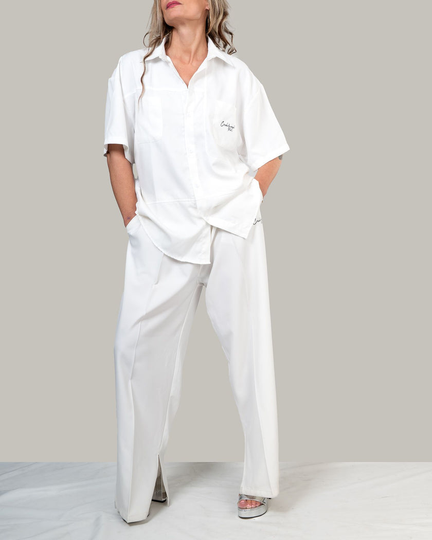 PANTALONI COUTURE IN POLIESTERE STAMPATO LOGO CREKMONGA PARIS