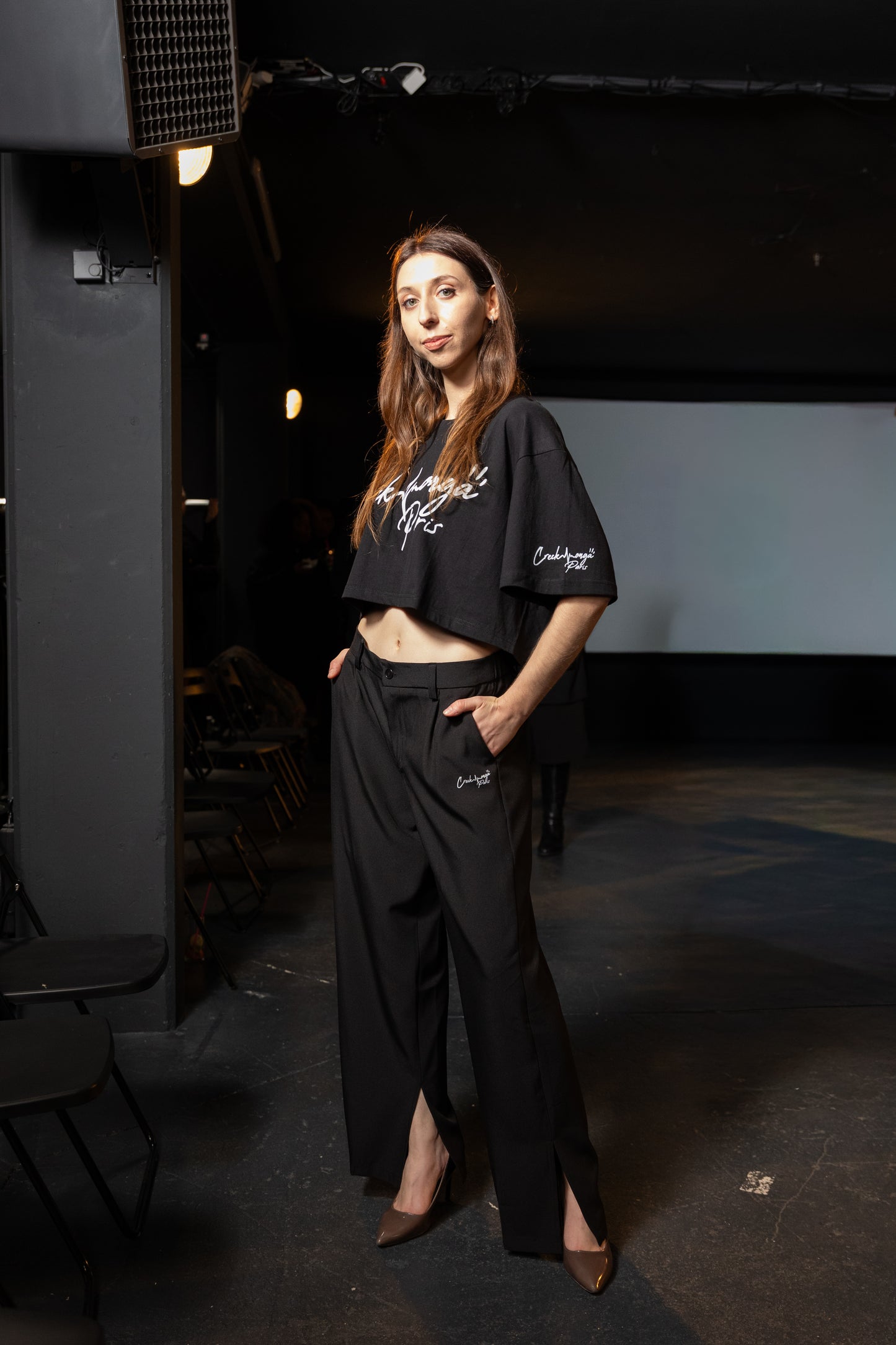 PANTALON HAUTE COUTURE EN POLYESTER IMPRIMÉ LOGO CREKMONGA PARIS