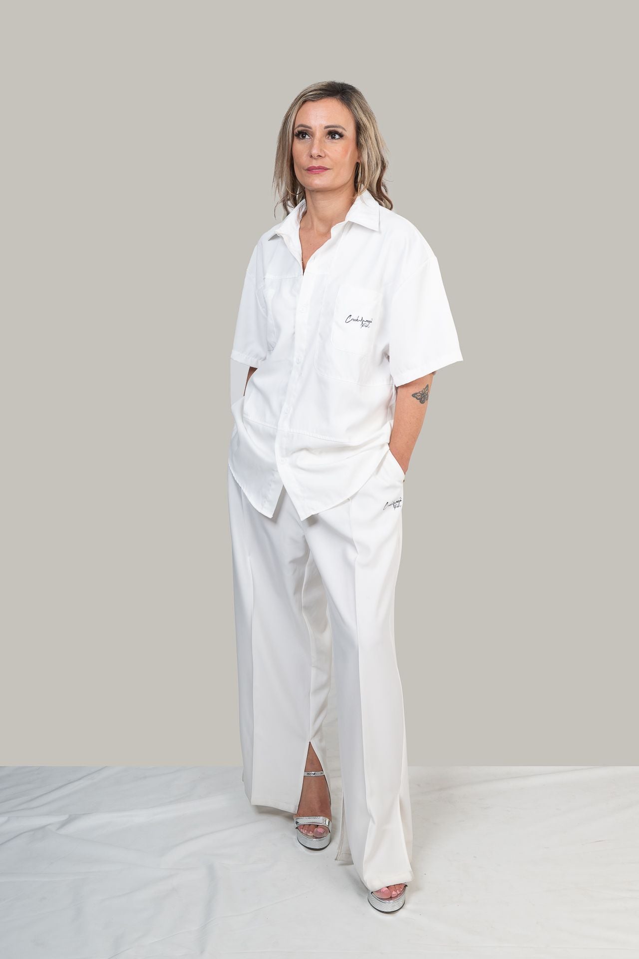 PANTALONI COUTURE IN POLIESTERE STAMPATO LOGO CREKMONGA PARIS